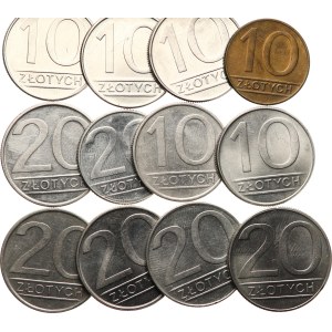 Polonia, Repubblica Popolare 1947-1989. - 10 zloty 1984 MW, 85 MW, 86 MW, 87 MW, 88 MW (Y‑152.1), 10 zloty 1989 MW (Y‑152.2), 20 zloty 1984 MW, 85 MW, 86 MW, 87 MW, 88 MW (Y‑153.1), 20 zloty 1989 MW (Y‑153.2), per un totale di 12 pezzi