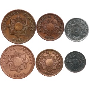 Perù. - 1 centavo 1942, 1945, 1951; 2 centavos 1942, 1947, 1951, KM‑211a, KM‑227, KM‑212.2, KM‑228, dr. hr., per un totale di 6 pezzi