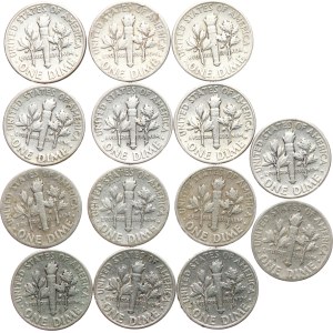 Stati Uniti. - Dime 1946, 1946 D, 1947, 1947 D, 1948, 1948 D, 1950, 1951, 1952, 1952 D, 1953, 1954, 1955, 1956, KM‑195, per un totale di 14 pezzi