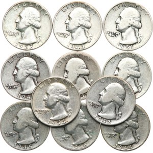 Stati Uniti. - ¼ di dollaro 1936, 1937, 1942, 1943, 1944, 1945, 1948, 1951 D, 1952, 1953 S, 1954, KM‑164, per un totale di 11 pezzi