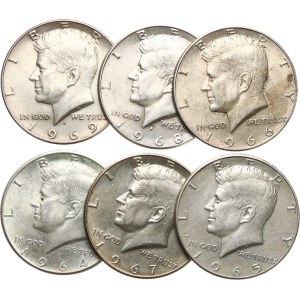 USA. - (Kennedy) ½ dollaro 1964, 1965, 1966, 1967, 1968 D, 1969 D, KM‑202, 202a, patina, 6 pezzi