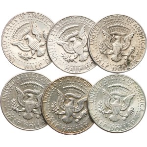 USA. - (Kennedy) ½ dollaro 1964, 1965, 1966, 1967, 1968 D, 1969 D, KM‑202, 202a, patina, 6 pezzi