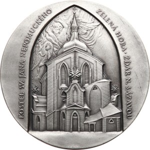 ČNS, pobočka Brno . - Zeman K., 2002. - Zelená Hora. - pohled na kostel Sv. Jana Nepomuckého ve Žďáru nad Sázavou / interiér kostela, emblém UNESCO 1995, nápis na hraně „PRO PATROMONIO MUNDI.5“. - Ag 925, punc, 70 mm, masivní střížek, síla 8 mm, 231 g, ZK