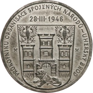 Cono M. - 1946. - J. A. Komenský, 354° anniversario della nascita. - busto di Komenský leggermente spostato a sinistra, iscrizione / stemma della città, sopra la data «28.III.1946», iscrizione «UHERSKÝ BROD, PIONIERE DELL’ORGANIZZAZIONE DELLE NAZIONI UNIT