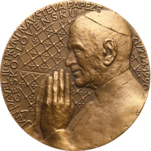 Mlynář M. - 1990. - Prima visita di Giovanni Paolo II in Cecoslovacchia. - Il Papa in preghiera a sinistra, raffigurazione / leone ceco, raffigurazione. - bronzo, 50 mm