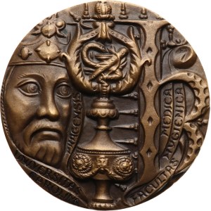 Šindelář L. - 1978 - Università di Carlo, Facoltà di Medicina e Igiene. - Testa di Carlo IV a destra, insegne della facoltà / sole, bastone di Esculapio, due mani, iscrizione in latino. - bronzo, 70 mm