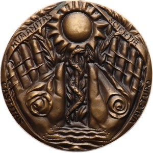 Šindelář L. - 1978 - Università di Carlo, Facoltà di Medicina e Igiene. - Testa di Carlo IV a destra, insegne della facoltà / sole, bastone di Esculapio, due mani, iscrizione in latino. - bronzo, 70 mm