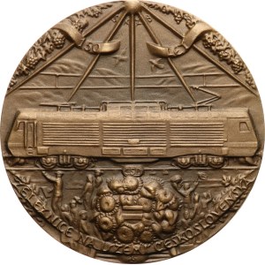 Šindelář L. - 1989 - 150 anni della linea ferroviaria Břeclav-Brno. - Locomotiva moderna / treno storico sul ponte, con Špilberk e Petrov sullo sfondo. - bronzo, 70 mm