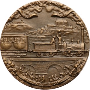 Šindelář L. - 1989 - 150 anni della linea ferroviaria Břeclav-Brno. - Locomotiva moderna / treno storico sul ponte, con Špilberk e Petrov sullo sfondo. - bronzo, 70 mm