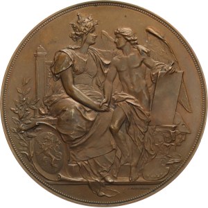 Tautenhayn J. - Società degli amici patriottici delle arti in Boemia. - Boemia seduta e il Genius della pittura / iscrizione di 5 righe in un cartiglio decorativo, trascrizioni. - bronzo, 80   mm, Hauser‑1784, «RR»