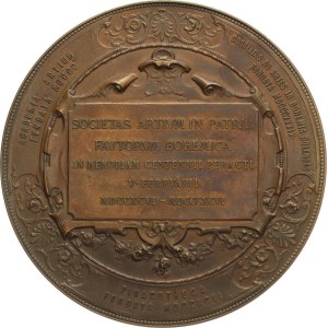Tautenhayn J. - Società degli amici patriottici delle arti in Boemia. - Boemia seduta e il Genius della pittura / iscrizione di 5 righe in un cartiglio decorativo, trascrizioni. - bronzo, 80   mm, Hauser‑1784, «RR»
