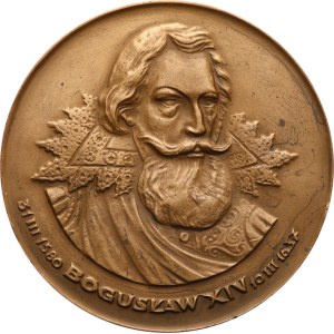 Polonia, Stettino /Szczecin/. - 1987. - Boguslaw XIV, 1580-1637 (principe di Stettino), 350 anni dall'estinzione della dinastia dei Grifit. - busto in primo piano / stemma coronato a più parti, iscrizione, siglato Jz. (Jan Zdarewicz) - bronzo, 70 mm, meda