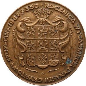 Polonia, Stettino /Szczecin/. - 1987. - Boguslaw XIV, 1580-1637 (principe di Stettino), 350 anni dall'estinzione della dinastia dei Grifit. - busto in primo piano / stemma coronato a più parti, iscrizione, siglato Jz. (Jan Zdarewicz) - bronzo, 70 mm, meda
