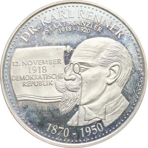 Austria, Seconda Repubblica, 1945. - 1000 anni dell’Austria 996-1996. - stemma, con le date ai lati / ritratto del cancelliere di Stato Dr. Karl Renner a sinistra. - Puro argento   925, 40   mm, 30,99   g