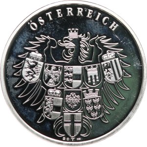 Austria, Seconda Repubblica, 1945. - La bella Austria, suonatore di corno alpino. - Aquila con lo stemma federale / tre suonatori di corno in un paesaggio. - Argento   925, punzone, 40   mm, 19,98   g