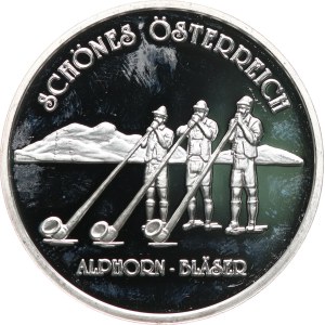 Austria, Seconda Repubblica, 1945. - La bella Austria, suonatore di corno alpino. - Aquila con lo stemma federale / tre suonatori di corno in un paesaggio. - Argento   925, punzone, 40   mm, 19,98   g