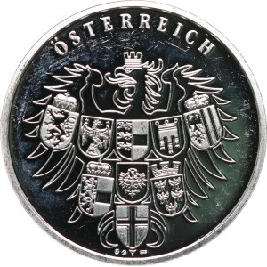 Austria, Seconda Repubblica, 1945. - La bella Austria, Eisenstadt. - Aquila con lo stemma federale / vista della chiesa. - Argento 925, punzone, 40 mm, 20,01 g