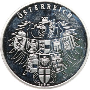 Austria, Seconda Repubblica, 1945. - La bella Austria, Grafenegg. - Aquila con lo stemma federale / vista del castello. - Argento   925, punzone, 40   mm, 20,09   g