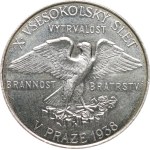 Kužel, M. – Prague, 10th Sokol Rally, 1938 (20th Anniversary of the Republic). – A Sokol with outstretched wings / a linden branch, a map of the republic. – Ag 987, hallmark, 35 mm, engravings
