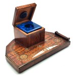 Antique desk inkwell—marquetry, mother-of-pearl, and blue glass, 19th/20th century