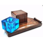 Antique desk inkwell—marquetry, mother-of-pearl, and blue glass, 19th/20th century