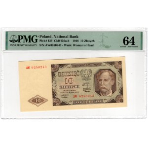 10 Złotych, 1948, seria AW - PMG 64