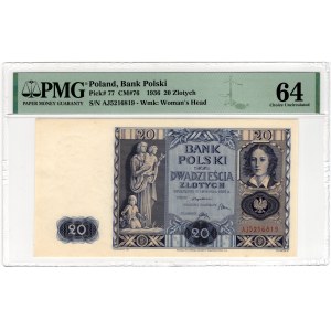 20 Złotych, 1936, seria AJ - PMG 64