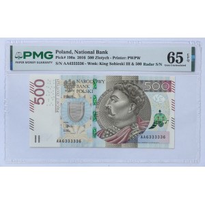 500 zlotých 2016, séria AA 6333336 – RADAR – PMG 65 EPQ