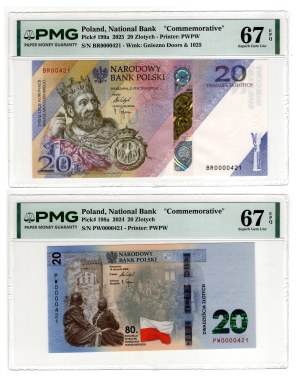 20 złotych 2024, Powstanie Warszawskie, seria PW 0000421 i 20 złotych 2025, Tysiąclecie koronacji Bolesława Chrobrego, seria BR 0000421 - parka niskich numerów - PMG 67 EPQ