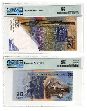 20 złotych 2024, Powstanie Warszawskie, seria PW 0000421 i 20 złotych 2025, Tysiąclecie koronacji Bolesława Chrobrego, seria BR 0000421 - parka niskich numerów - PMG 67 EPQ