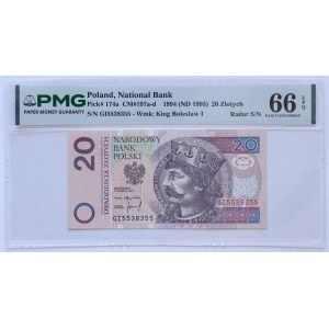 20 Złotych 1994, seria GI 5538355 - RADAR - PMG 66 EPQ