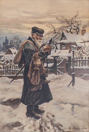 Michał Pociecha (1852 Prokocim - 1908 Kraków), Żydowski sprzedawca w zimowym pejzażu, 1892