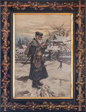 Michał Pociecha (1852 Prokocim - 1908 Kraków), Żydowski sprzedawca w zimowym pejzażu, 1892