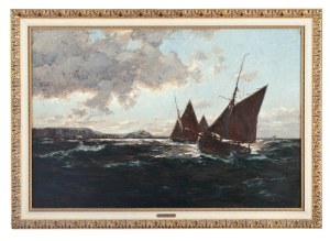 Erwin Wilhelm Carl Günther (1864 Hamburg - 1927 Düsseldorf), Łodzie rybackie u wybrzeża, 1916