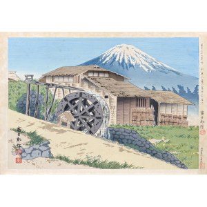 Tomikichirō Tokuriki (1902-2000), Góra Fuji - widok z młyna wodnego przy ujściu rzeki Omiya, z serii: Trzydzieści sześć widoków Góry Fuji, wyd. pierwsze Uchida, Japonia, 1939/1940 r.
