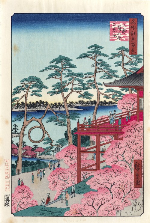Utagawa Hiroshige (1797 - 1858), Kiyomizu Hall i staw Shinobazu w Ueno, z serii: „Sto słynnych widoków Edo”, wyd. Oedo Mokuhansha, Tokio/Japonia, po 1960 r.