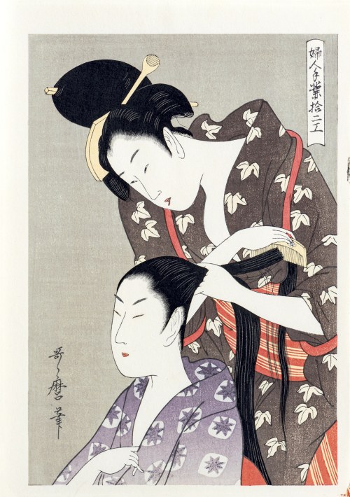 Kitagawa Utamaro (1753-1806), Fryzjerka, z serii: Dwanaście rodzajów kobiecego rękodzieła, wyd. Yuyudo, Japonia, okres Showa, ok. 1970 r.