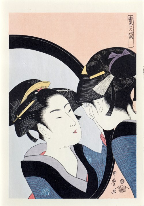 Kitagawa Utamaro (1753-1806), Kobieta poprawiająca włosy, z seri: Siedem kobiet nakładających makijaż przed lustrem, wyd. Yuyudo, Japonia, okres Showa, ok. 1970 r.