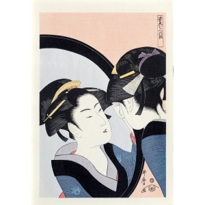 Kitagawa Utamaro (1753-1806), Kobieta poprawiająca włosy, z seri: Siedem kobiet nakładających makijaż przed lustrem, wyd. Yuyudo, Japonia, okres Showa, ok. 1970 r.