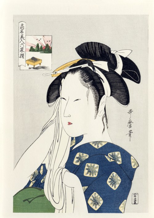 Kitagawa Utamaro (1753-1806), Naniwaya Okita, z serii: Słynne piękności przyrównane do Sześciu Nieśmiertelnych Poetów, wyd. Yuyudo, Japonia, okres Showa, ok. 1970 r.