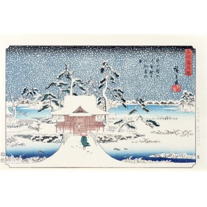 Utagawa Hiroshige (1797 - 1858), Scena śnieżna w Sanktuarium Benzaiten, z serii: Śnieg, księżyc i kwiaty w słynnych miejscach, wyd. Yuyudo, Tokio/Japonia, po 1960 r.