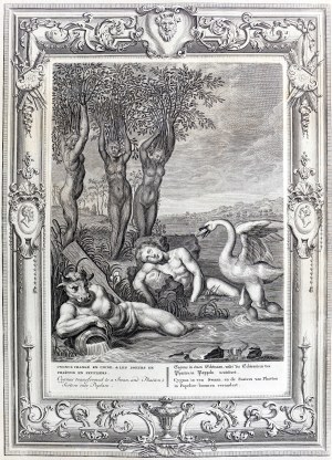 Bernard Picart (1673-1733), Cygnus przemieniony w łabędzia, a siostry Faetona w topole, z serii: Świątynia muz, wyd. Amsterdam, ok. 1740 r.