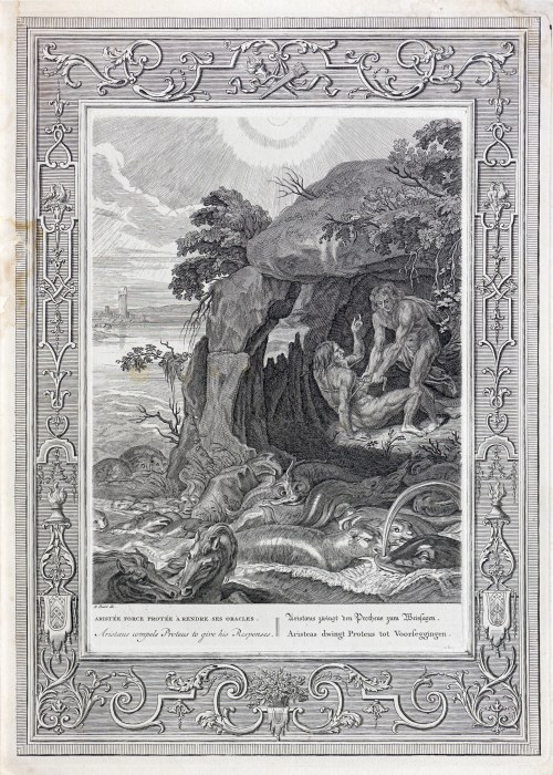 Bernard Picart (1673-1733), Aristajos zmusza Proteusza do udzielenia odpowiedzi, z serii: Świątynia muz, wyd. Amsterdam, 1742 r.