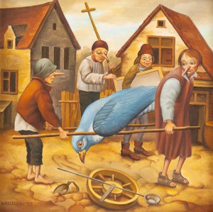 Dariusz Miliński (ur. 1957), Chłopi niosący olbrzymiego ptaka, 1995