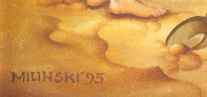Dariusz Miliński (ur. 1957), Chłopi niosący olbrzymiego ptaka, 1995