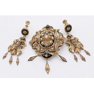 Schmuck – Brosche und Ohrringe aus Rotgold mit kleinen Diamanten...