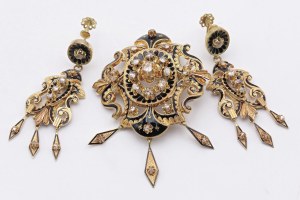 Jewellery - Spilla e orecchini in oro rosso con piccoli diaman...