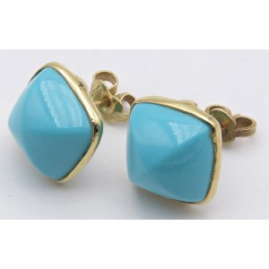 Jewelry - Pair of yellow gold earrings with turquoise stones. 4.24 g...