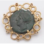 Jewelry - 1970s yellow gold brooch featuring an ancient Greek coin...