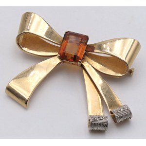 Jewelry - Yellow gold brooch in the shape of a bow with a center...